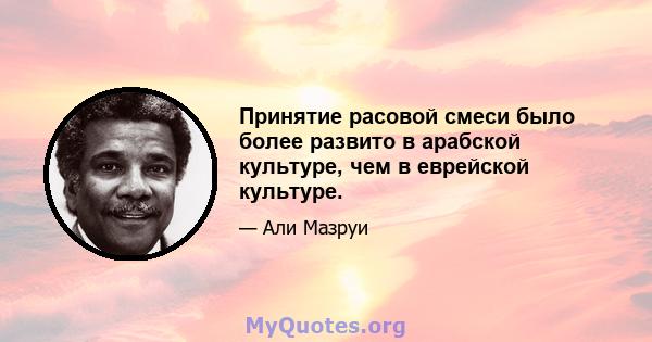 Принятие расовой смеси было более развито в арабской культуре, чем в еврейской культуре.