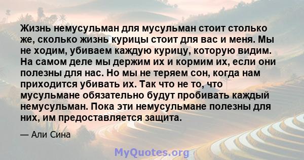 Жизнь немусульман для мусульман стоит столько же, сколько жизнь курицы стоит для вас и меня. Мы не ходим, убиваем каждую курицу, которую видим. На самом деле мы держим их и кормим их, если они полезны для нас. Но мы не