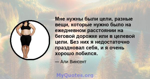 Мне нужны были цели, разные вещи, которые нужно было на ежедневном расстоянии на беговой дорожке или в целевой цели. Без них я недостаточно праздновал себя, и я очень хорошо побился.