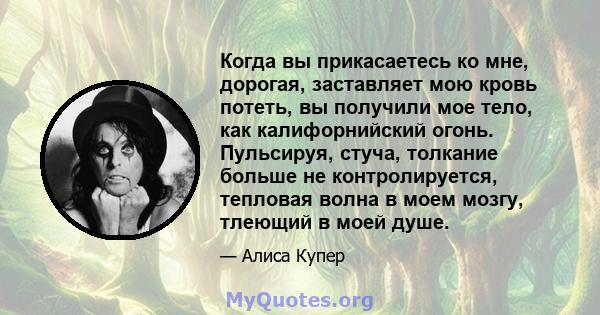 Когда вы прикасаетесь ко мне, дорогая, заставляет мою кровь потеть, вы получили мое тело, как калифорнийский огонь. Пульсируя, стуча, толкание больше не контролируется, тепловая волна в моем мозгу, тлеющий в моей душе.