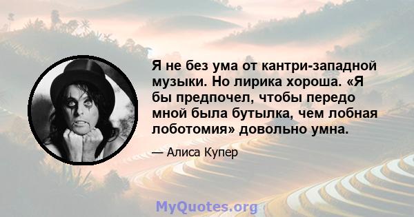 Я не без ума от кантри-западной музыки. Но лирика хороша. «Я бы предпочел, чтобы передо мной была бутылка, чем лобная лоботомия» довольно умна.