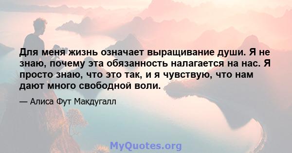 Для меня жизнь означает выращивание души. Я не знаю, почему эта обязанность налагается на нас. Я просто знаю, что это так, и я чувствую, что нам дают много свободной воли.