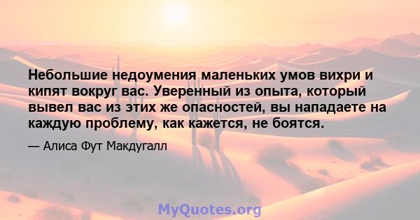 Небольшие недоумения маленьких умов вихри и кипят вокруг вас. Уверенный из опыта, который вывел вас из этих же опасностей, вы нападаете на каждую проблему, как кажется, не боятся.