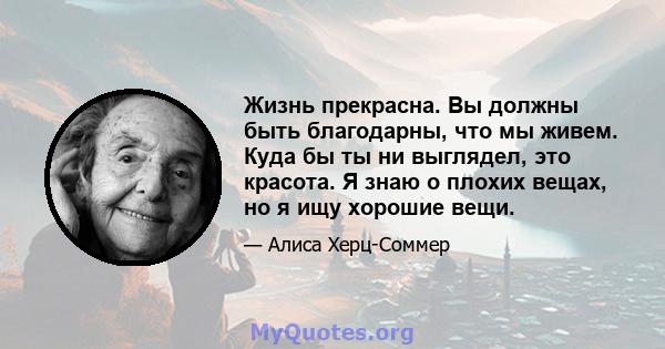 Жизнь прекрасна. Вы должны быть благодарны, что мы живем. Куда бы ты ни выглядел, это красота. Я знаю о плохих вещах, но я ищу хорошие вещи.