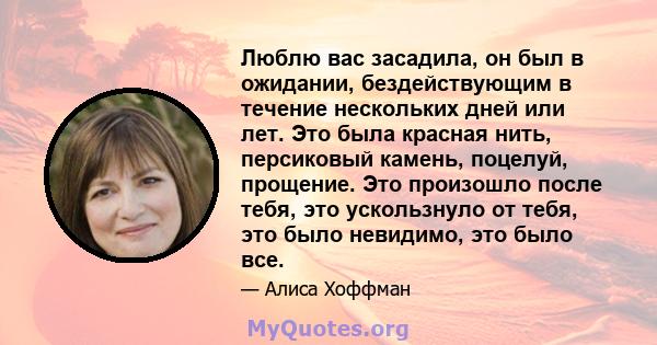 Люблю вас засадила, он был в ожидании, бездействующим в течение нескольких дней или лет. Это была красная нить, персиковый камень, поцелуй, прощение. Это произошло после тебя, это ускользнуло от тебя, это было невидимо, 