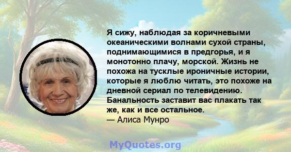 Я сижу, наблюдая за коричневыми океаническими волнами сухой страны, поднимающимися в предгорья, и я монотонно плачу, морской. Жизнь не похожа на тусклые ироничные истории, которые я люблю читать, это похоже на дневной