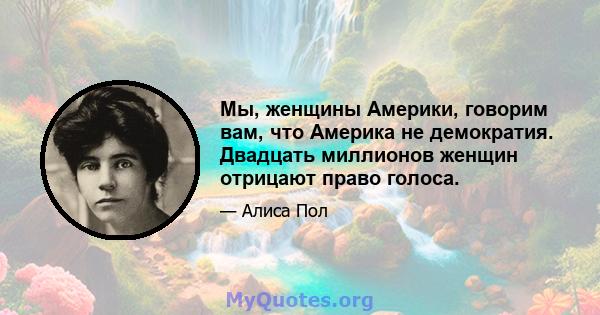 Мы, женщины Америки, говорим вам, что Америка не демократия. Двадцать миллионов женщин отрицают право голоса.