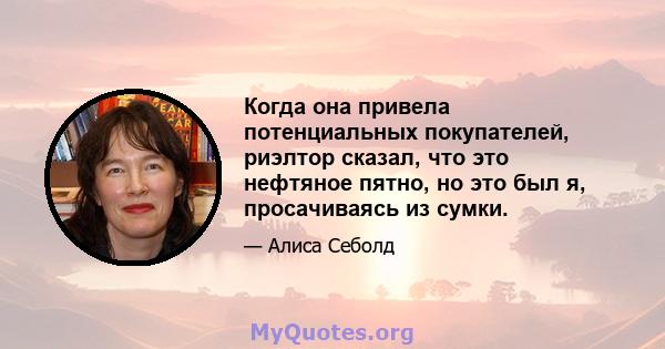 Когда она привела потенциальных покупателей, риэлтор сказал, что это нефтяное пятно, но это был я, просачиваясь из сумки.