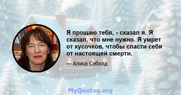 Я прощаю тебя, - сказал я. Я сказал, что мне нужно. Я умрет от кусочков, чтобы спасти себя от настоящей смерти.