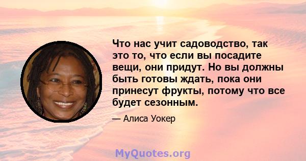 Что нас учит садоводство, так это то, что если вы посадите вещи, они придут. Но вы должны быть готовы ждать, пока они принесут фрукты, потому что все будет сезонным.