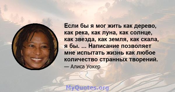 Если бы я мог жить как дерево, как река, как луна, как солнце, как звезда, как земля, как скала, я бы. ... Написание позволяет мне испытать жизнь как любое количество странных творений.