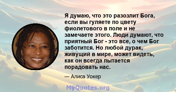 Я думаю, что это разозлит Бога, если вы гуляете по цвету фиолетового в поле и не замечаете этого. Люди думают, что приятный Бог - это все, о чем Бог заботится. Но любой дурак, живущий в мире, может видеть, как он всегда 