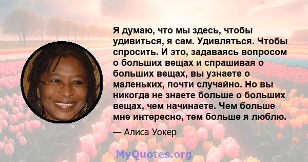 Я думаю, что мы здесь, чтобы удивиться, я сам. Удивляться. Чтобы спросить. И это, задаваясь вопросом о больших вещах и спрашивая о больших вещах, вы узнаете о маленьких, почти случайно. Но вы никогда не знаете больше о