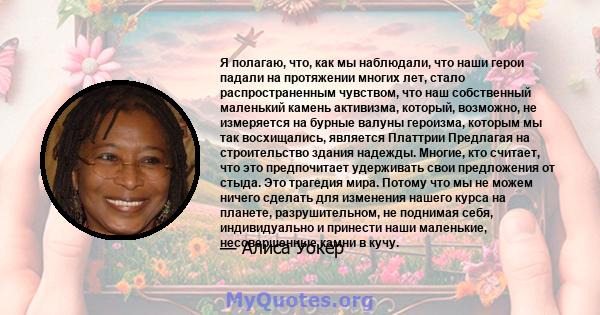 Я полагаю, что, как мы наблюдали, что наши герои падали на протяжении многих лет, стало распространенным чувством, что наш собственный маленький камень активизма, который, возможно, не измеряется на бурные валуны