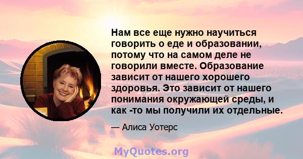 Нам все еще нужно научиться говорить о еде и образовании, потому что на самом деле не говорили вместе. Образование зависит от нашего хорошего здоровья. Это зависит от нашего понимания окружающей среды, и как -то мы