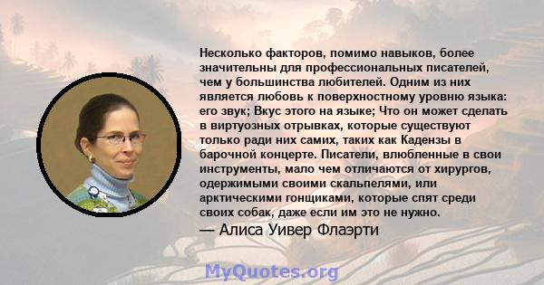 Несколько факторов, помимо навыков, более значительны для профессиональных писателей, чем у большинства любителей. Одним из них является любовь к поверхностному уровню языка: его звук; Вкус этого на языке; Что он может