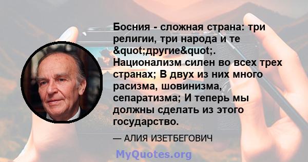 Босния - сложная страна: три религии, три народа и те "другие". Национализм силен во всех трех странах; В двух из них много расизма, шовинизма, сепаратизма; И теперь мы должны сделать из этого государство.