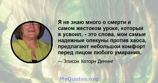 Я не знаю много о смерти и самом жестоком уроке, который я усвоил, - это слова, мои самые надежные опекуны против хаоса, предлагают небольшой комфорт перед лицом любого умирания.