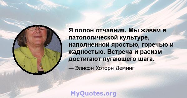 Я полон отчаяния. Мы живем в патологической культуре, наполненной яростью, горечью и жадностью. Встреча и расизм достигают пугающего шага.