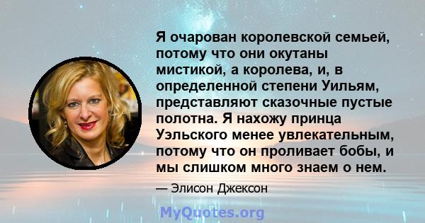 Я очарован королевской семьей, потому что они окутаны мистикой, а королева, и, в определенной степени Уильям, представляют сказочные пустые полотна. Я нахожу принца Уэльского менее увлекательным, потому что он проливает 