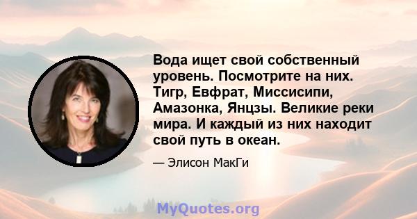 Вода ищет свой собственный уровень. Посмотрите на них. Тигр, Евфрат, Миссисипи, Амазонка, Янцзы. Великие реки мира. И каждый из них находит свой путь в океан.