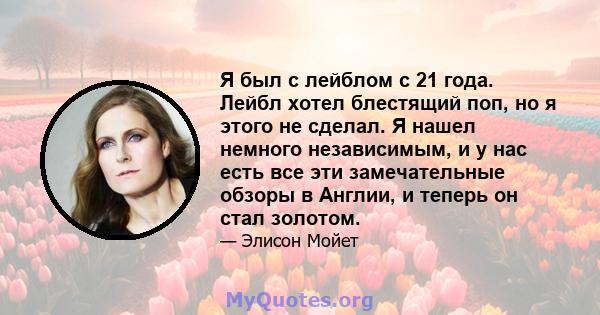 Я был с лейблом с 21 года. Лейбл хотел блестящий поп, но я этого не сделал. Я нашел немного независимым, и у нас есть все эти замечательные обзоры в Англии, и теперь он стал золотом.