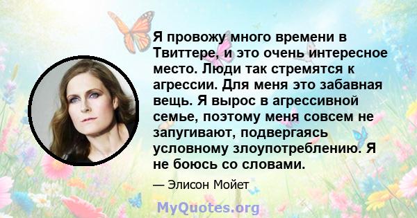 Я провожу много времени в Твиттере, и это очень интересное место. Люди так стремятся к агрессии. Для меня это забавная вещь. Я вырос в агрессивной семье, поэтому меня совсем не запугивают, подвергаясь условному