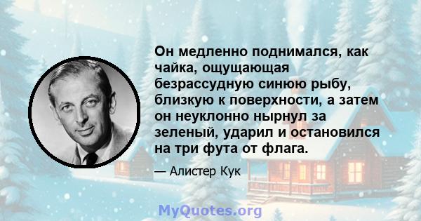 Он медленно поднимался, как чайка, ощущающая безрассудную синюю рыбу, близкую к поверхности, а затем он неуклонно нырнул за зеленый, ударил и остановился на три фута от флага.