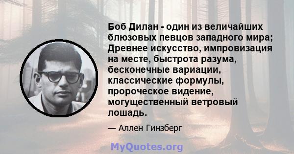 Боб Дилан - один из величайших блюзовых певцов западного мира; Древнее искусство, импровизация на месте, быстрота разума, бесконечные вариации, классические формулы, пророческое видение, могущественный ветровый лошадь.