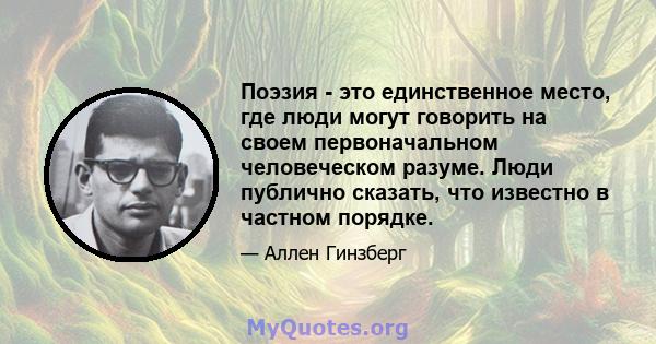 Поэзия - это единственное место, где люди могут говорить на своем первоначальном человеческом разуме. Люди публично сказать, что известно в частном порядке.