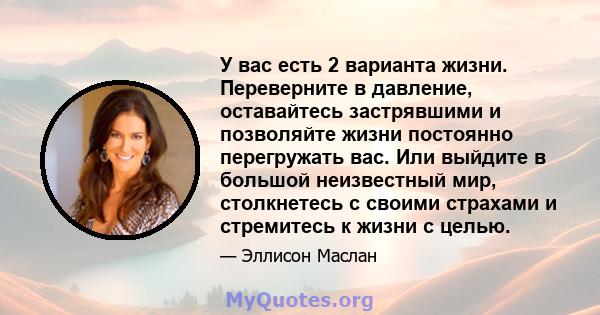 У вас есть 2 варианта жизни. Переверните в давление, оставайтесь застрявшими и позволяйте жизни постоянно перегружать вас. Или выйдите в большой неизвестный мир, столкнетесь с своими страхами и стремитесь к жизни с