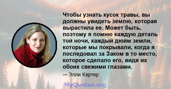 Чтобы узнать кусок травы, вы должны увидеть землю, которая вырастила ее. Может быть, поэтому я помню каждую деталь той ночи, каждый дюйм земли, которые мы покрывали, когда я последовал за Заком в то место, которое