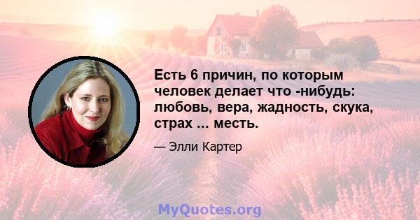 Есть 6 причин, по которым человек делает что -нибудь: любовь, вера, жадность, скука, страх ... месть.