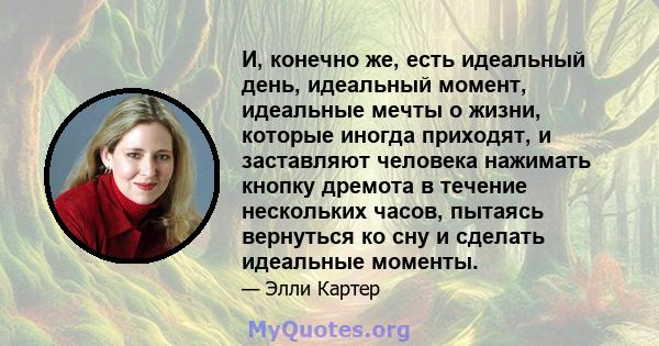 И, конечно же, есть идеальный день, идеальный момент, идеальные мечты о жизни, которые иногда приходят, и заставляют человека нажимать кнопку дремота в течение нескольких часов, пытаясь вернуться ко сну и сделать