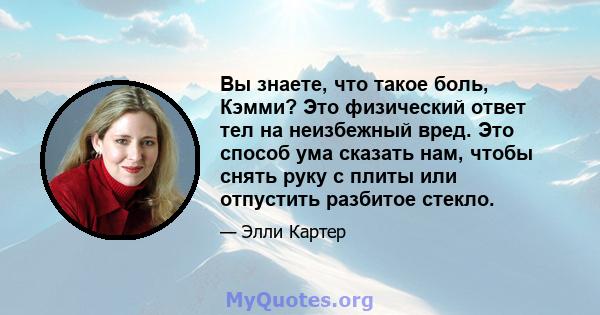 Вы знаете, что такое боль, Кэмми? Это физический ответ тел на неизбежный вред. Это способ ума сказать нам, чтобы снять руку с плиты или отпустить разбитое стекло.