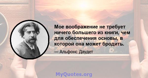 Мое воображение не требует ничего большего из книги, чем для обеспечения основы, в которой она может бродить.