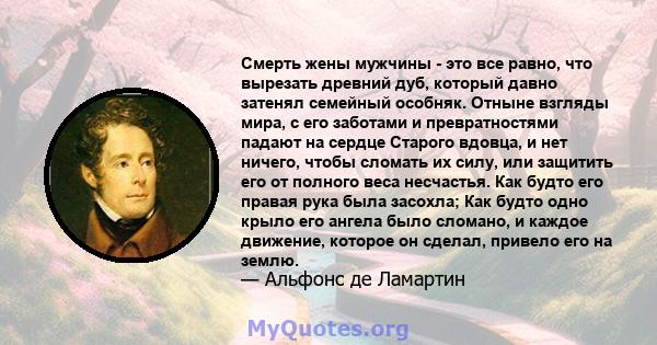 Смерть жены мужчины - это все равно, что вырезать древний дуб, который давно затенял семейный особняк. Отныне взгляды мира, с его заботами и превратностями падают на сердце Старого вдовца, и нет ничего, чтобы сломать их 