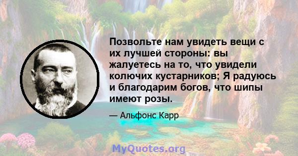 Позвольте нам увидеть вещи с их лучшей стороны: вы жалуетесь на то, что увидели колючих кустарников; Я радуюсь и благодарим богов, что шипы имеют розы.