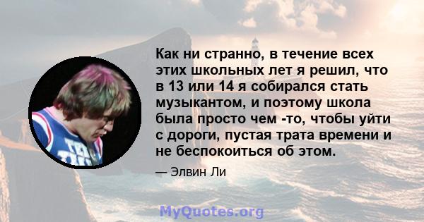 Как ни странно, в течение всех этих школьных лет я решил, что в 13 или 14 я собирался стать музыкантом, и поэтому школа была просто чем -то, чтобы уйти с дороги, пустая трата времени и не беспокоиться об этом.