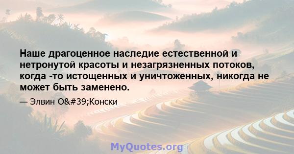 Наше драгоценное наследие естественной и нетронутой красоты и незагрязненных потоков, когда -то истощенных и уничтоженных, никогда не может быть заменено.