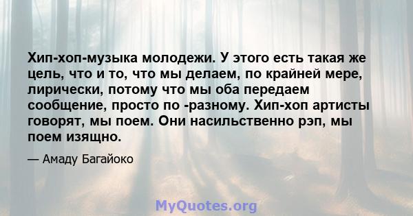 Хип-хоп-музыка молодежи. У этого есть такая же цель, что и то, что мы делаем, по крайней мере, лирически, потому что мы оба передаем сообщение, просто по -разному. Хип-хоп артисты говорят, мы поем. Они насильственно