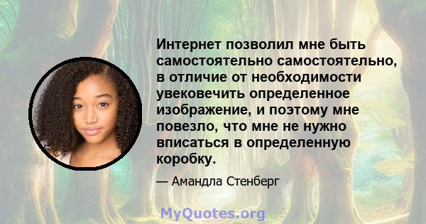 Интернет позволил мне быть самостоятельно самостоятельно, в отличие от необходимости увековечить определенное изображение, и поэтому мне повезло, что мне не нужно вписаться в определенную коробку.