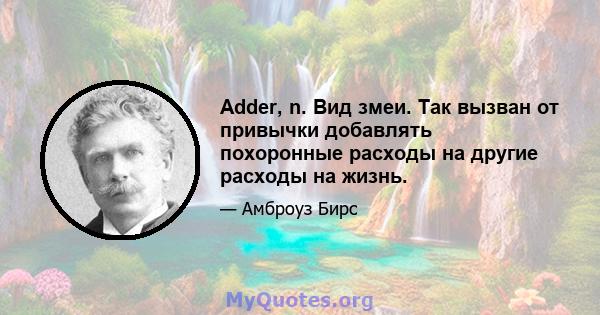 Adder, n. Вид змеи. Так вызван от привычки добавлять похоронные расходы на другие расходы на жизнь.