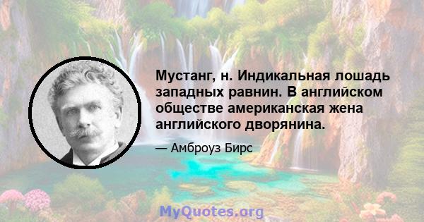 Мустанг, н. Индикальная лошадь западных равнин. В английском обществе американская жена английского дворянина.