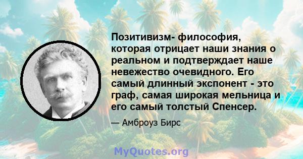 Позитивизм- философия, которая отрицает наши знания о реальном и подтверждает наше невежество очевидного. Его самый длинный экспонент - это граф, самая широкая мельница и его самый толстый Спенсер.