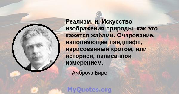 Реализм, н. Искусство изображения природы, как это кажется жабами. Очарование, наполняющее ландшафт, нарисованный кротом, или историей, написанной измерением.