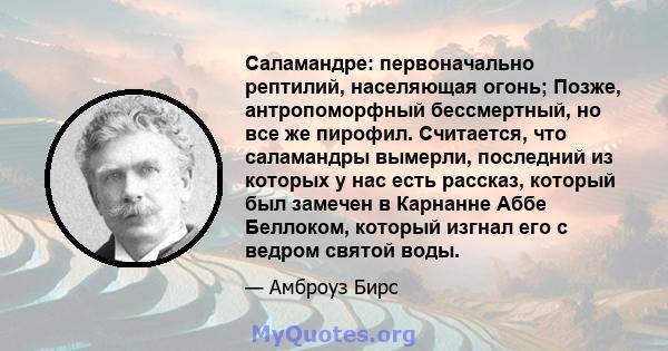 Саламандре: первоначально рептилий, населяющая огонь; Позже, антропоморфный бессмертный, но все же пирофил. Считается, что саламандры вымерли, последний из которых у нас есть рассказ, который был замечен в Карнанне Аббе 