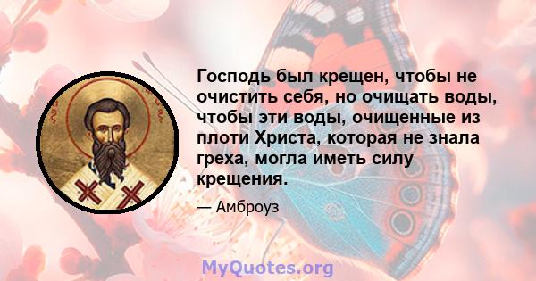 Господь был крещен, чтобы не очистить себя, но очищать воды, чтобы эти воды, очищенные из плоти Христа, которая не знала греха, могла иметь силу крещения.