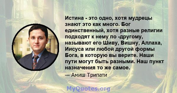 Истина - это одно, хотя мудрецы знают это как много. Бог единственный, хотя разные религии подходят к нему по -другому, называют его Шиву, Вишну, Аллаха, Иисуса или любой другой формы Бога, в которую вы верите. Наши