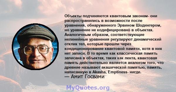 Объекты подчиняются квантовым законам- они распространились в возможности после уравнения, обнаруженного Эрвином Шодингером, но уравнение не кодифицировано в объектах. Аналогичным образом, соответствующие нелинейные